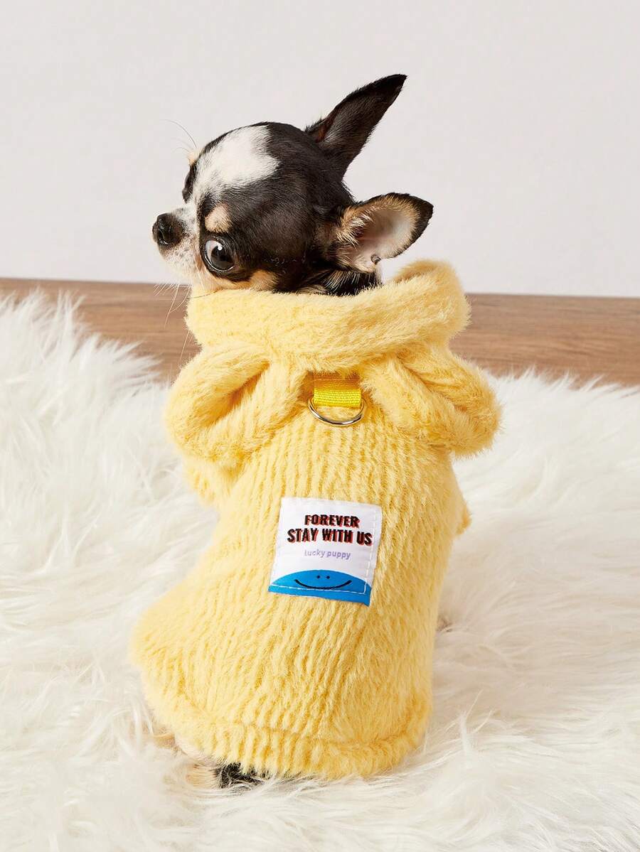 PETSIN 1 件防貂毛绒宠物连帽无袖连帽衫带耳朵，黄色毛绒厚保暖宠物服装 - 黃色 - 查看 1