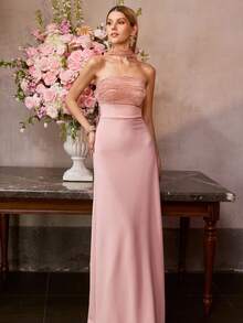 MOTF Soiréza 优雅修身无肩带长款派对礼服 – 可拆卸领子，胸前褶皱鸡尾酒裙 | 适合婚礼、晚宴和新年夜等场合，女士之选 - 粉色 - 查看 8