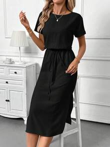 SHEIN Clasi Apricot Vacation Round Neck Short Sleeve Fitted Mid-Length Dress For Women, Suitable For Summer Casual, Holiday, Daily Commute - Black - View 6