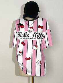 HELLO KITTY AND FRIENDS | SHEIN 女士条纹卡通图案圆领短袖T恤 - 白色 - 查看 6