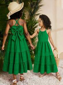 Sparklyn Girls' Summer New Sleeveless Backless Dress With Big Bow Decor, Flowy A-Line Textured Fabric, Minimalist Red Color, Suitable For Vacation - Green - View 1