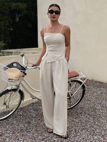 DAZY Women's Elegant Solid Color Pleated Camisole And Wide Leg Pants 2 Pieces Set, Spring/Summer Lounge Sets For Women Short Sets For Women - Beige - View 6