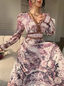 DAZY Vestido de dama de honor de manga abullonada con cuello en V y bloqueo de color floral elegante de longitud media, vestido de invitada de boda de primavera/verano - Rosa - Ver 10