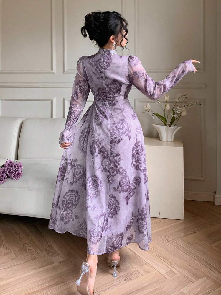 Women's Elegant Floral Print 2 In 1 Dress With Stand Collar, Tie Belt And Puff Sleeves, Long Length, Spring/Summer Wedding Guest Dress Sundress
