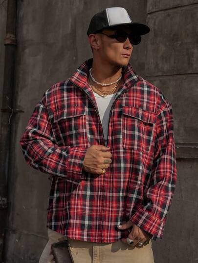 DAZY قميص رجالي فضفاض مربعات حمراء ربيعية للعطلات