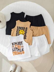 SHEIN 3件套男女宝宝休闲可爱图案及标语印花无袖针织背心和短裤套装，春夏宝宝服装套装 - 彩色 - 查看 4