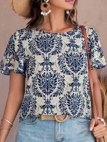 SHEIN VCAY Plus Allover Print Butterfly Sleeve Summer Boho Blouse - Multicolor - View 1