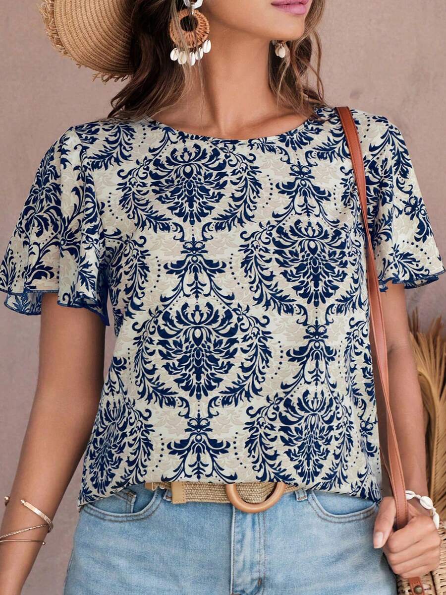 SHEIN VCAY Plus Allover Print Butterfly Sleeve Summer Boho Blouse - Multicolor - View 1