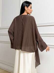Veilorie Áo sơ mi nữ dài tay, màu trơn, dáng rộng, vạt áo bất đối xứng - Cà phê nâu - Xem 2