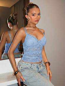 SHEIN BAE 女士夏季时尚纯色撞色蕾丝短款吊带背心 - 淺藍色 - 查看 3