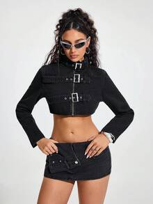 Jeanoix Áo khoác denim nữ màu trơn cổ đứng cài cúc phía trước tay ngắn hoặc dài. - màu đen - Xem 3