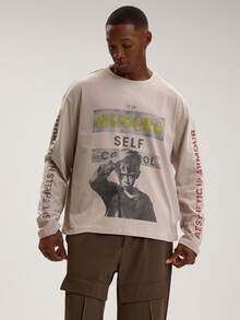 Musero Áo thun dài tay dáng rộng, in hình khẩu hiệu và họa tiết, thích hợp cho mùa Thu Xuân Hè. - Màu be - Xem 3