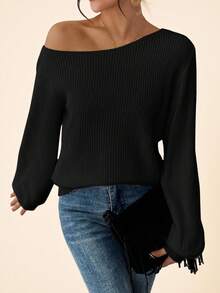 Coeurva Women's Solid Color Oblique Shoulder Long Sleeve Loose Ribbed Casual Knit Pullover Sweater In Fall/Winter - Black - View 4