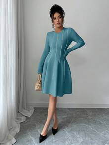 SHEIN Elenzya Autumn/Winter Korean Style Elegant Colorblock Round Neck Long Sleeve Cinched Waist Short Puff Dress - Blue - View 5