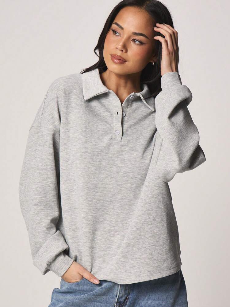 MISSGUIDED Sweat-shirt-shirt col polo, manches longues, avec patte de boutonnage, Top décontracté