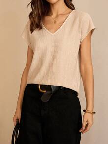 Lymera 春夏新款时尚休闲杏色简约竖条纹立体提花V领无袖T恤，适合通勤穿着。 - 杏色 - 查看 6