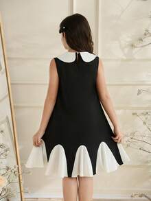 女童无袖连衣裙，黑白拼接荷叶边下摆，时尚休闲百搭，适合春夏穿着 - 白色 - 查看 2