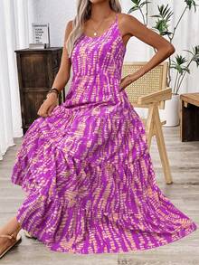 Balvessa 假日休闲随机印花吊带连衣裙长裙女装 - 淡紫色 - 查看 4