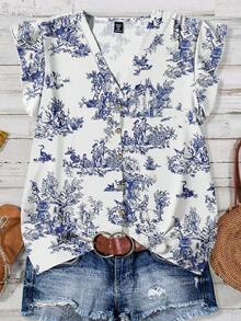 EMERY ROSE Blusa casual de mujer con cuello en V y botones, manga corta, adecuada para el verano y eventos casuales - Multicolor - Ver 6