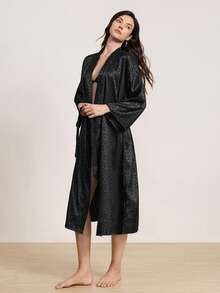 1pc Women's Elegant Soft & Silky Jacquard Long Sleeve Robe, Sexy Loose Breathable Sleepwear, Suitable For All Seasons Home Use - Black - View 1