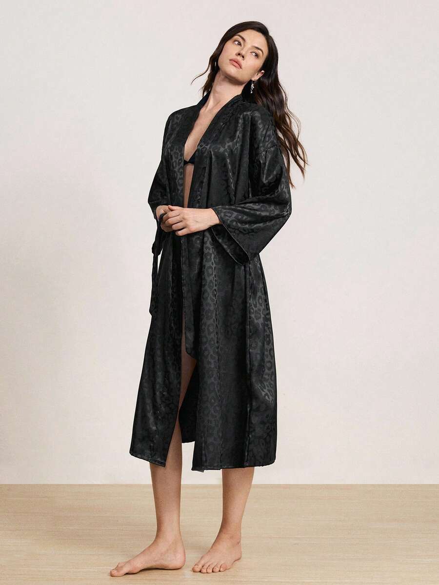 1pc Women's Elegant Soft & Silky Jacquard Long Sleeve Robe, Sexy Loose Breathable Sleepwear, Suitable For All Seasons Home Use - Black - View 1