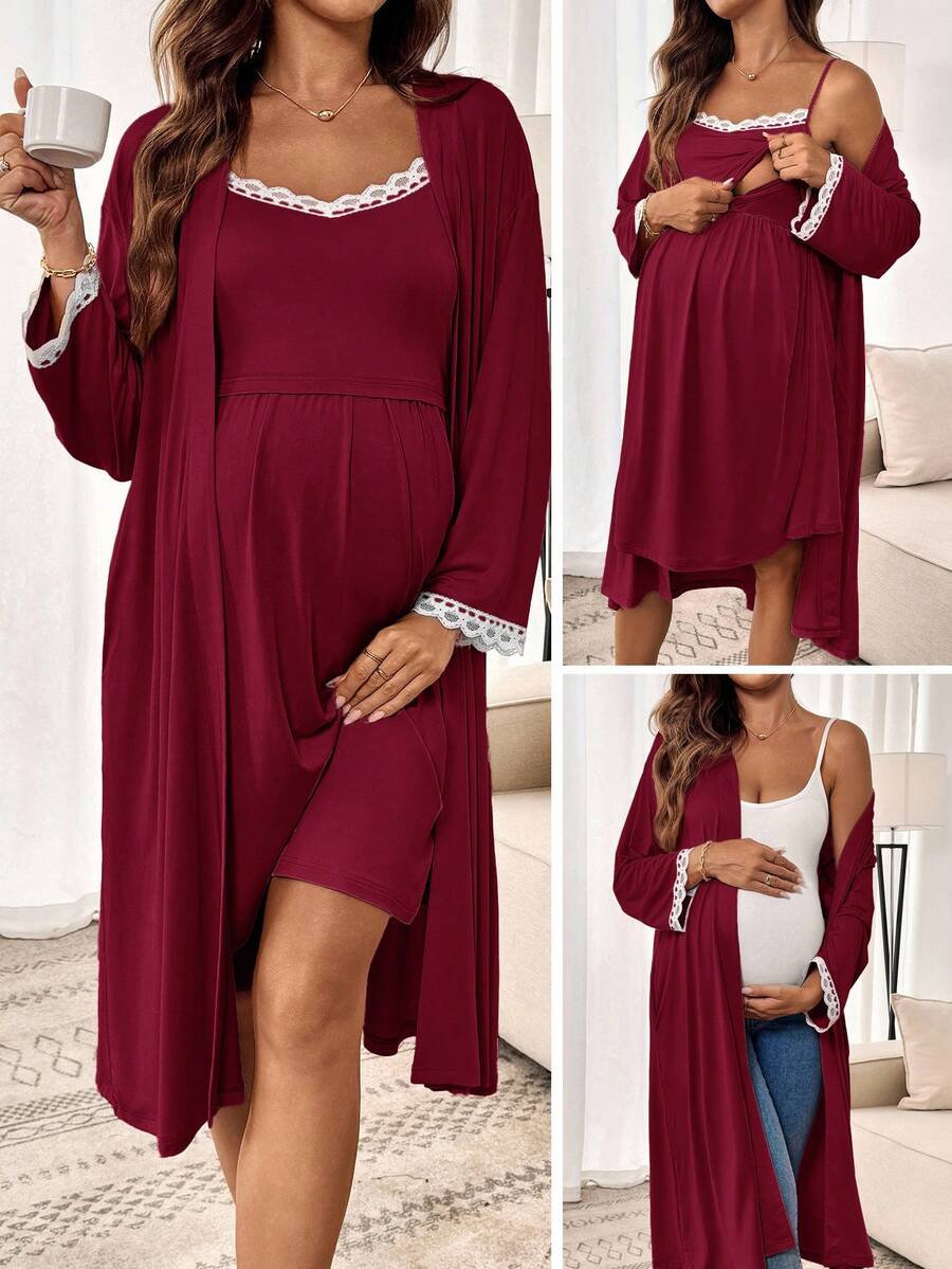 SHEIN 2pcs Maternity Lace Trim Jumpsuit & Jacket Set