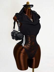 Mistrie Áo liền thân nữ thời trang gợi cảm, phối ren, xuyên thấu, hở lưng, có mũ trùm đầu, thích hợp cho mùa hè. - màu đen - Xem 4