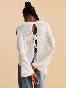 Travachic Women's Casual White Semi Sheer Ribbed Knit Top With Lace Up Back And Bell Long Sleeves - White - View 1