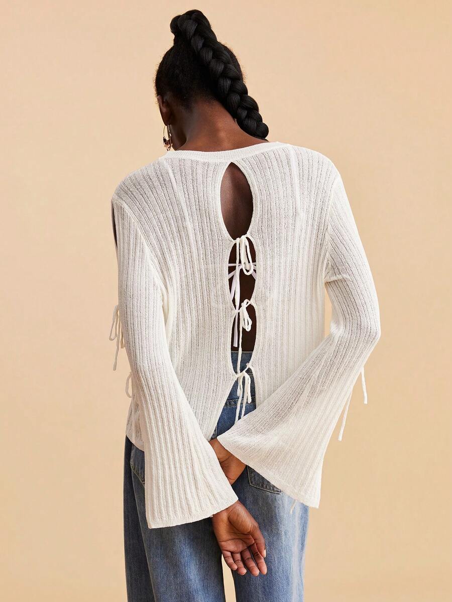 Travachic Women's Casual White Semi Sheer Ribbed Knit Top With Lace Up Back And Bell Long Sleeves - White - View 1