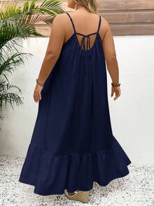 SHEIN CURVE+ 纯色加大码吊带摆裙，长款度假连衣裙，结婚纪念日连衣裙，白色连衣裙，波西米亚风长款白色连衣裙 - 霧霾藍 - 查看 5