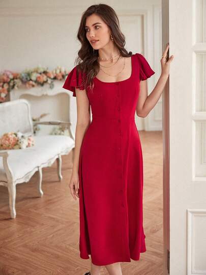 Poéselle Square Neck Butterfly Sleeve Button Front Dress