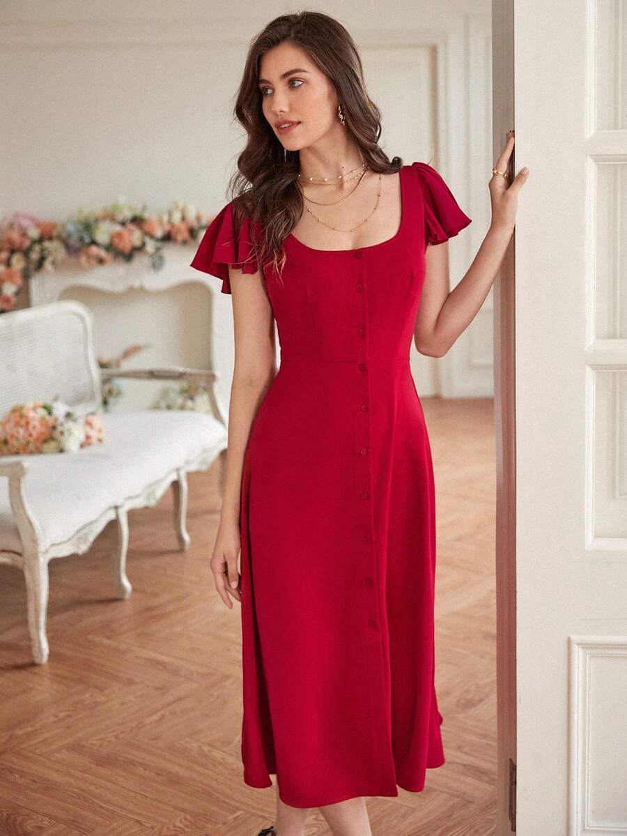 Poéselle Square Neck Butterfly Sleeve Button Front Dress - Burgundy - View 1