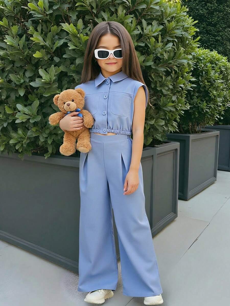 Firerie Kids Firerie Kids 2pcs/Set Young Girls Blue Polo Collar Vest Top + Loose Pants Casual Outfit, Fashionable & Versatile For Daily Wear, Photoshoot - Blue - View 1