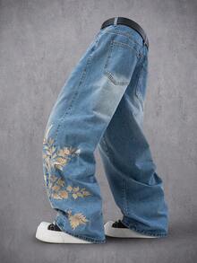 Manfinity Denimwave 秋冬季年轻街头风水洗蓝色直筒宽松花卉植物刺绣牛仔裤 - 藍色 - 查看 4