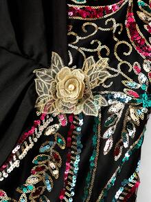 SHEIN Clasi Đầm thanh lịch cổ tròn tay lửng 3/4 đính sequin phối hoa dành cho nữ cỡ lớn - màu đen - Xem 3