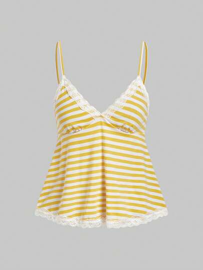 ROMWE Fairycore Women's Summer Casual Commuting Vacation Colorblock Striped Print Lace Trim Babydoll Cami Top