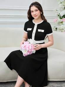 SHEIN 少女春夏休闲/工作优雅黑白拼接纽扣装饰荷叶边下摆修身短袖连衣裙 - 黑與白 - 查看 5