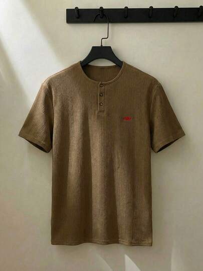 ESTAVOR Men's Army Green Round Neck Half-Placket Ribbed Short Sleeve Polo Shirt