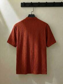 ESTAVOR 男士休闲夏季度假通勤北极熊刺绣拼接领短袖衬衫 - 紅色 - 查看 2