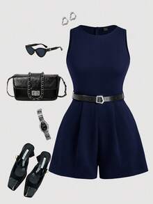 SHEIN MOD Bộ áo liền quần hai dây màu đen kiểu vintage thập niên 70 dành cho nữ cỡ lớn, kèm thắt lưng đi kèm - Hoàn hảo cho phong cách quý tộc cổ điển, trang phục đi làm, phong cách sinh viên, trang phục thường ngày, trang phục miền Tây, trang phục công sở và trang phục sân bay. - Màu xanh hải quân - Xem 1