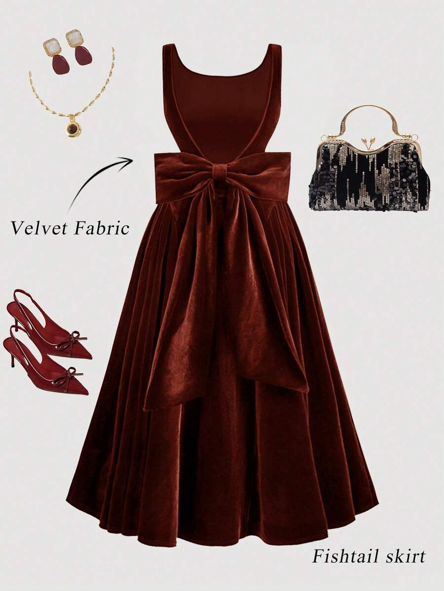 SHEIN MOD Plus Size Vintage Red Open Back Bow Tie A-Line Midi Dress, Wedding Dress, Date Dress, Valentine's Day Dress - Brown - View 1