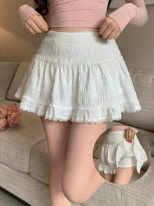K-Vae New Lace Trim A-Line Mini Skirt, Spring/Summer - White - View 1