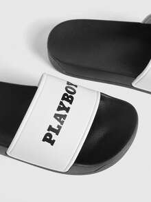 Missguided x Playboy Slip On Slides With Bold Lettering Logo Single Wide Strap Open Toe Flat Summer Pool Sandals - White Black - View 3
