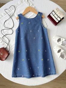SHEIN Playful Pals Young Girls' Cute Bow Embroidery Denim Dress, Lightweight For Spring/Summer, Medium Washed Denim Blue, Adorable Sweet Casual Vacation Fashion Design Versatile Basic Cute Bow Embroidery Sleeveless Bow Decor Sleeveless Denim Non-Stretch Dress, Soft Comfortable Cotton Denim Non-Stretch Fabric, Daily Wear, Gathering, Party, School, Commute, New Spring/Autumn Collection