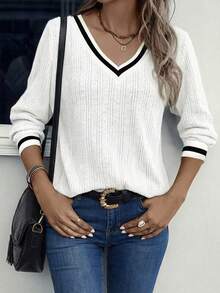 EMERY ROSE Grey Ribbed Contrast Trim Casual Loose Sweatshirt - White - View 3