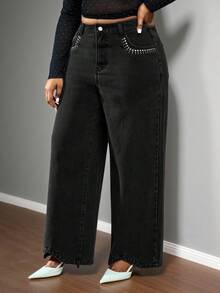 Truni Quần jean denim ống rộng màu đen giặt cỡ lớn cho nữ, chi tiết kim loại đính đá, thích hợp cho tiệc tùng, hẹn hò, đi làm/2026/Năm mới - màu đen - Xem 5