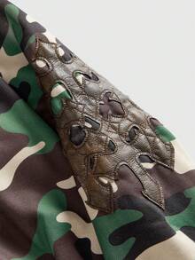 ROMWE Grunge Punk Y2K Punk Hot Girl Camouflage All-Over Print PU Cross Embroidered Loose Open Front Sweatshirt For Women