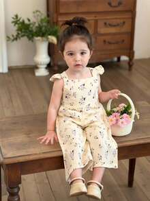 SHEIN Genkimix Kids Combinaison unique à imprimé floral couvrant entièrement le corps, style rétro décontracté et ajusté, convenant aux activités extérieures d'été et à l'école pour jeunes filles - Nude - Voir 3