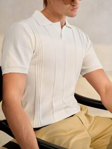 Manfinity Homme Men's Off-White Summer Casual Brunch Buttoned Polo,Short Sleeve Knitted Shirt,Solid Textured Mesh Fabric Knit Top For Business Daily Commute Vacation - White - View 6