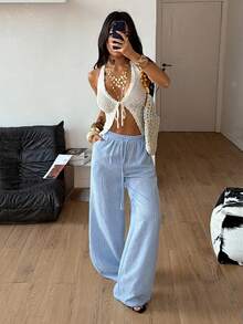 Coolane Women's Casual Striped Print Drawstring Waist Loose Wide Leg Pants, Suitable For Vacation, Daily Commute - Blue - View 6